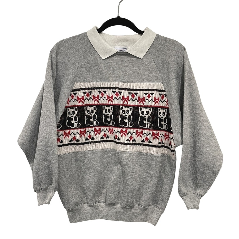 VTG‎ Collared Sweatshirt Sweater Cross Stitch Panda Grandpacore Granny Preppy S